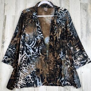 Easywear by Chico's‎ Cardigan XL Brown Sheer 3/4 Sleeve Artsy Lightweight